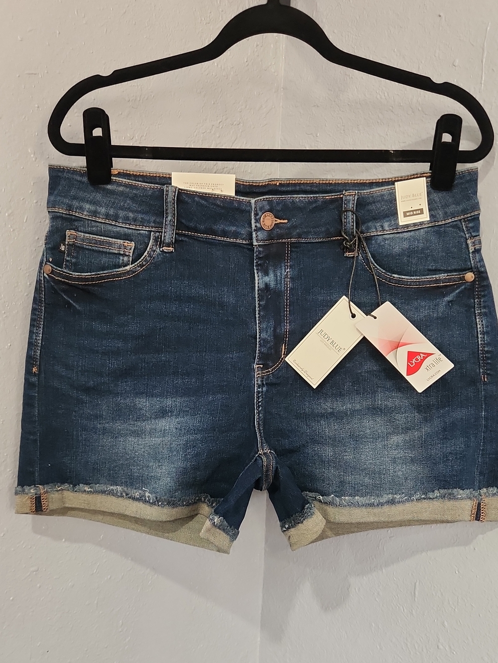 Judy Blue Indigo Roll-Cuff Denim Shorts.